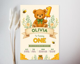Teddy Bear First Birthday Invitation Editable Canva Template Bear-y Special Birthday Invite Neutral Woodland Party
