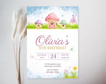 Fairy Garden Birthday Invitation Template, Editable Mushroom Birthday Invite, Enchanted Cottagecore Party Printable, Whimsical Fairy Card