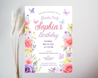 Butterfly Garden Birthday Invitation Template | Editable Canva Invite for Girls | Floral Pastel Birthday Invite | Printable Kids Party