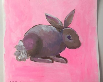 Bunny #2 Painting, Original Painting, Pastel Animal Painting, Pink Bunny Painting