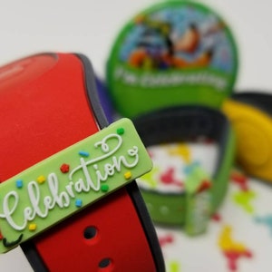 CELEBRATION sliding PVC charm for use with Magic Bands | soft flexible PVC | I'm Celebrating | MagicBand