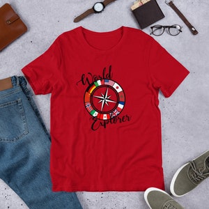 World Traveler OR World Explorer unisex Tshirt, EPCOT Shirt, Disney T-shirt, World Showcase, flags, Disney World, countries, compass Red