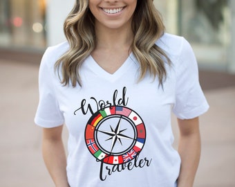 World Traveler OR World Explorer V-neck UNISEX Tshirt, EPCOT Shirt, Disney T-shirt, World Showcase, Disney World Shirt, Bella Canvas, Disney