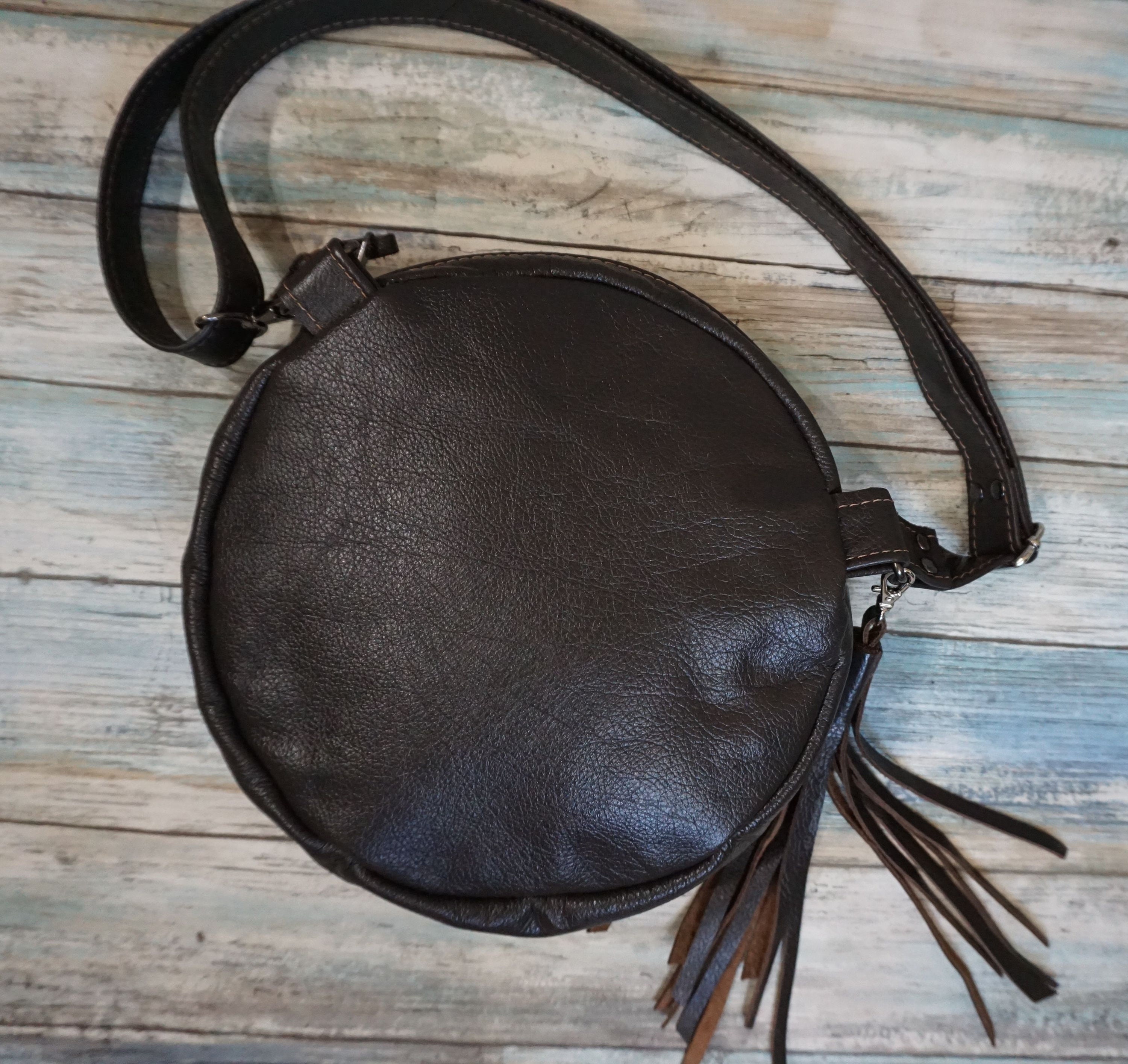 Hair on Leather Convertible Crossbody Bag, Round Leather Purse, Round