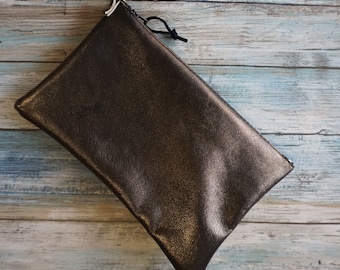 Metallic Leather Pouch Clutch, Leather Wristlet