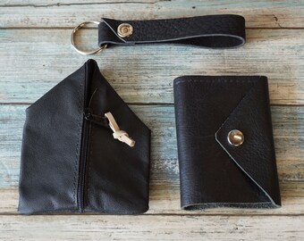 Genuine Leather Bi Fold Snap Wallet, Coin Pouch and Leather Key FOB Gift Set Bundle