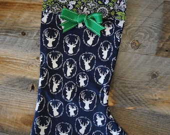 Country Christmas ~ Holiday Stocking ~ Vintage Deer Print ~ Navy Reindeer Print ~ Rustic Country Print Christmas Stockings ~ Xmas Vintage