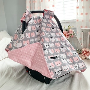 Pink Kitty Cats | Baby Car Seat Canopy, Infant Car Seat Cover, Carseat Cover, Baby Shower Gift New Mom, Car Seat Tent, Personalized Gift