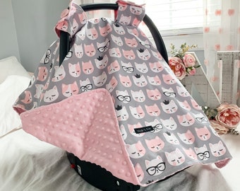Pink Kitty Cats | Baby Car Seat Canopy, Infant Car Seat Cover, Carseat Cover, Baby Shower Gift New Mom, Car Seat Tent, Personalized Gift