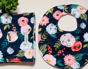 Whispy Rose & Mum | Blue Floral | Baby Bib and Burp Cloth, Baby Shower Gift for Mom, Baby Gift Bundle