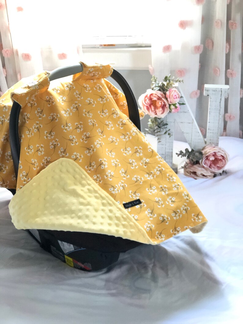 Yellow dandelion Baby Car Seat Canopy, Infant Car Seat Cover, Carseat Cover, Baby Shower Gift New Mom, Car Seat Tent, Personalized Gift image 3
