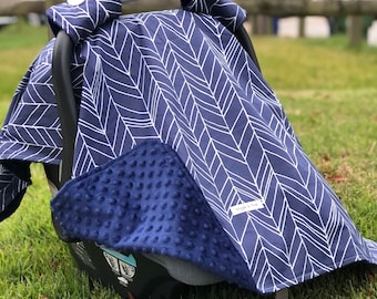 Modern Blue Chevron | Baby Car Seat Canopy, Infant Car Seat Cover, Carseat Cover, Baby Shower Gift New Mom, Car Seat Tent, Personalized Gift