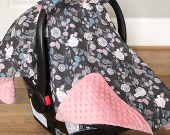 Black Floral | Baby Car Seat Canopy, Infant Car Seat Cover, Carseat Cover, Baby Shower Gift New Mom, Car Seat Tent, Personalized Gift