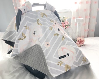 Floral Modern Grey | Baby Car Seat Canopy, Infant Car Seat Cover, Carseat Cover, Baby Shower Gift New Mom, Car Seat Tent, Personalized Gift