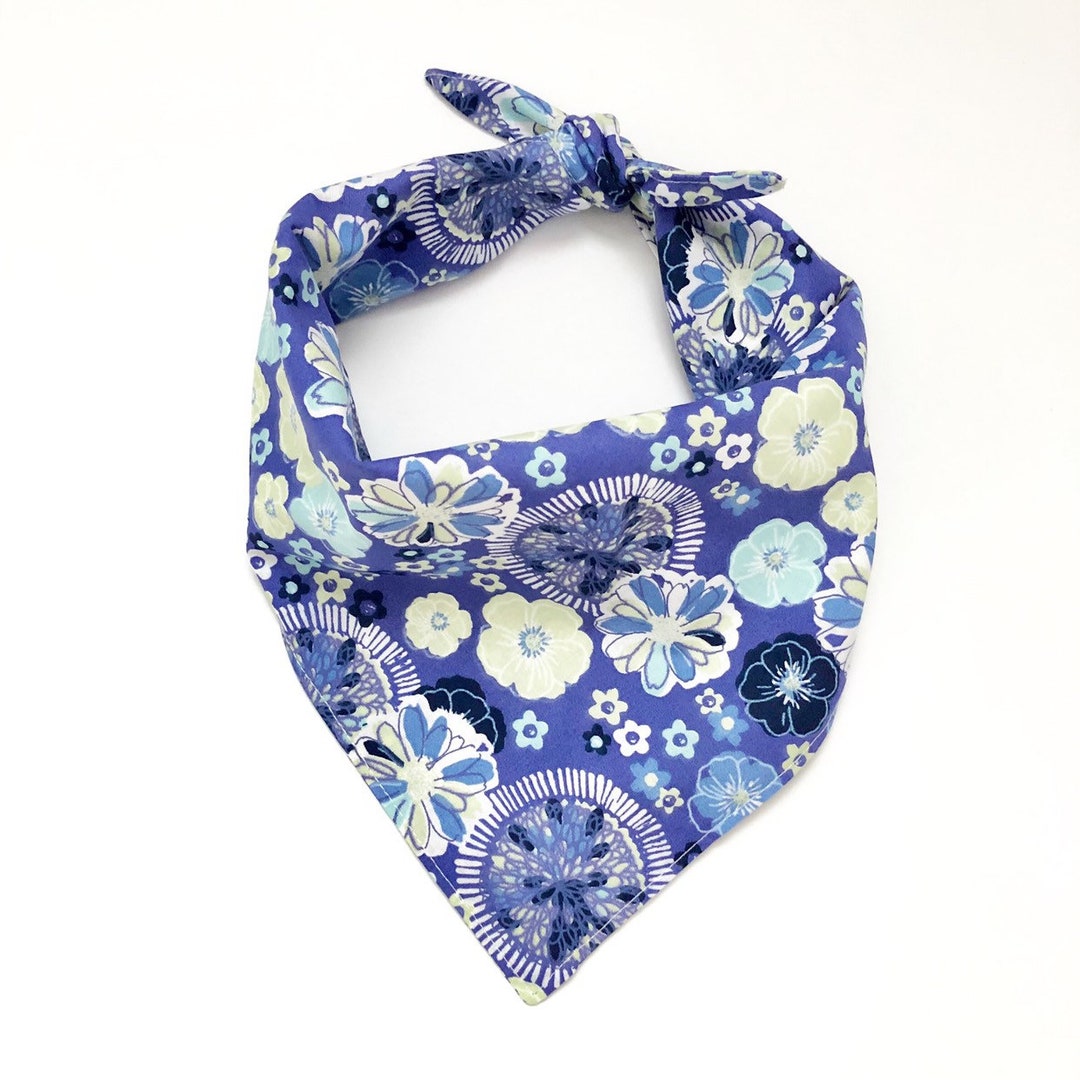 Blue Floral Dog Bandana, Snap Dog Bandana, Knotted Tie Dog Bandana