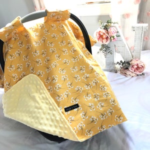 Yellow dandelion Baby Car Seat Canopy, Infant Car Seat Cover, Carseat Cover, Baby Shower Gift New Mom, Car Seat Tent, Personalized Gift image 1