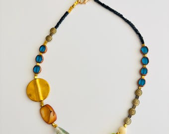 Eclectic Asymmetrical Mixed Bead Necklace – Gold, Glass & Ceramic Accents