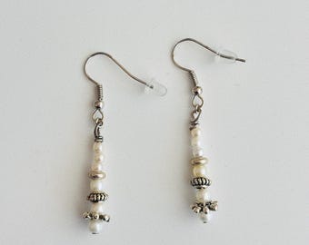 Elegant Ivory Pearl Drop Earrings with Antique Silver Accents