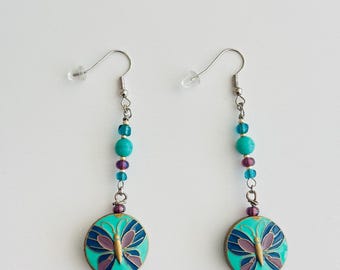 Boho Butterfly Charm Earrings – Teal, Purple & Gold Accent Dangles