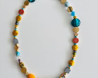 Eclectic Colorful Beaded Necklace – Bold Mixed Beads with Gold Clasp & Whimsical Accents
