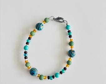 Turquoise & Amber Beaded Bracelet – Earthy Mixed Beads with Patterned Accents
