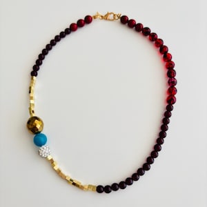 Red and Gold Beaded Choker – Bold Asymmetrical Necklace with Crystal, Turquoise & Gold Accents