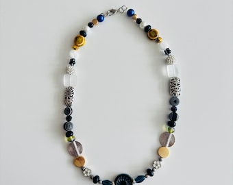 Modern Black White & Gold Beaded Necklace – Mixed Texture Artisan Statement Jewelry