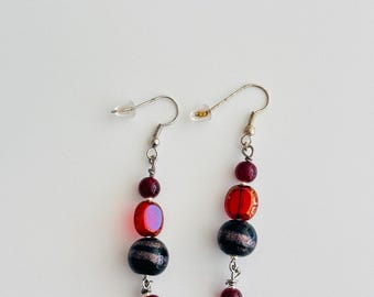 Red & Black Glass Bead Dangle Earrings – Handmade with Bold, Fiery Tones