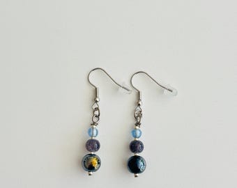 Blue Twilight Dangle Earrings – Handmade Glass Beads in Blue, Purple & Iridescent Tones