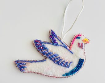 White Beaded Bird Ornament – Handmade Felt Dove with Pink and Blue Beads