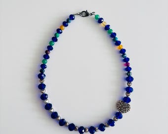 Cobalt Blue Heart Charm Beaded Necklace – Handmade Bold & Colorful Statement Jewelry