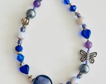 Butterfly Charm Bracelet – Blue Purple Beaded with Glass, Pearl & Metal Accents
