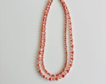 Double Strand Coral & Pink Beaded Necklace – Handmade Layered Statement Jewelry