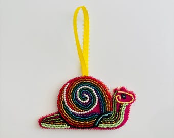 Rainbow Snail Beaded Ornament – Handcrafted Felt Snail Decoration with Colorful Beads and Yellow Ribbon