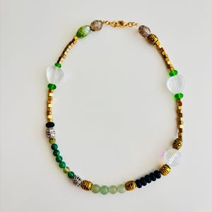 Green and Gold Beaded Choker – Mixed Beads with Clear Glass Accents and Matte Black Details
