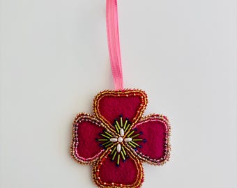 Beaded Felt Flower Ornament – Bright Pink & White Blossoms with Seed Bead Embellishment