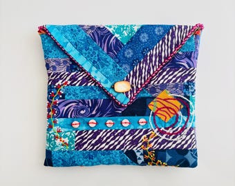 Colorful Patchwork Fabric Pouch – Embroidered Handmade Envelope Bag with Button Closure