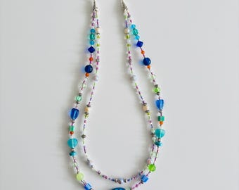 Colorful Double Strand Beaded Necklace – Blue Green Rainbow Handmade Statement Jewelry