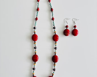 Bold Red and Turquoise Beaded Necklace & Earrings Set – Handmade Statement Jewelry