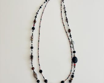 Bold Black and Silver Double Strand Necklace – Mixed Glass, Lampwork, and Metal Beads – Handmade Statement Jewelry