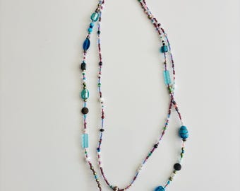 Boho Beaded Double Strand Necklace: Aqua, Teal, Lampwork Glass