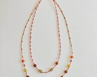 Sunset Citrus Double Strand Necklace – Orange, Amber, and Yellow Tones with Butterfly Beads