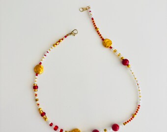 Handmade Gold Red and White Double Wrap Bracelet: Gemstone & Stone Beads | Boho Chic Jewelry