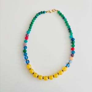 Colorful Beaded Necklace with Yellow, Green, and Multicolor Glass Beads – Handmade Statement Jewelry