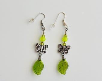 Butterfly & Leaf Dangle Earrings – Nature-Inspired Green Delight