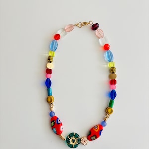 Bright Mixed Bead Necklace with Floral Accents – Colorful Handmade Jewelry