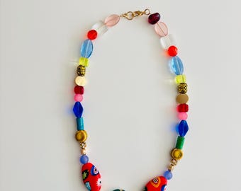 Bright Mixed Bead Necklace with Floral Accents – Colorful Handmade Jewelry