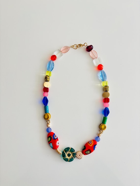 Bright Mixed Bead Necklace with Floral Accents – Colorful Handmade Jewelry