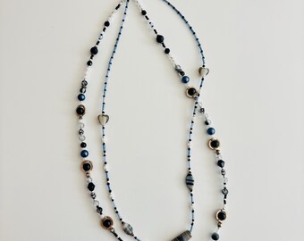 Midnight Strands Double Layer Necklace – Black, Blue & Pearl Tone Beaded Jewelry with Gold Accents and Glass Details