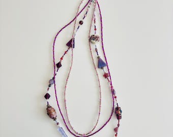 Purple Twilight Dreams Triple-Strand Necklace – Handmade Beaded Jewelry with Lampwork, Glass, and Gemstone-Inspired Beads